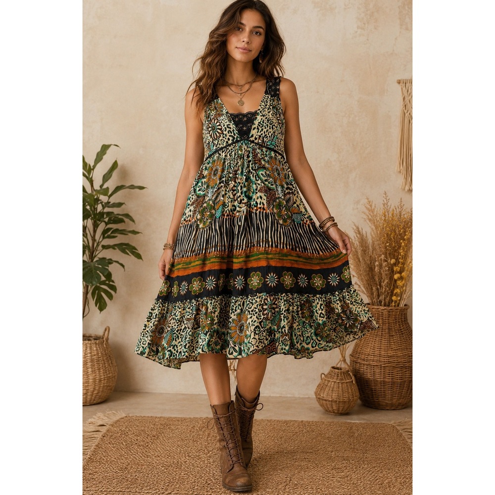 Forbidden‎ Boho Dress Women's Medium Rayon Beaded Whimsy Goth Y2K Midi